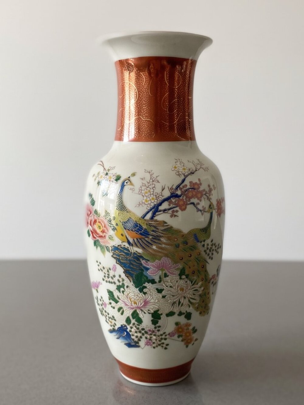 Vintage Satsuma Japan Peacock Floral Crackle Glaze Gold Vase 10.5"